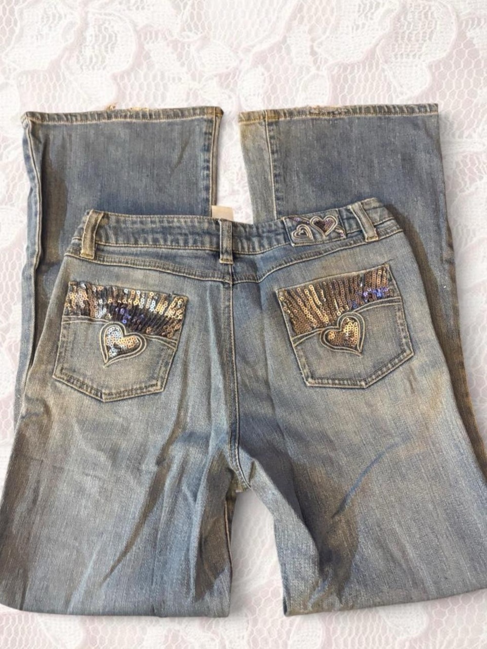 Embellished Light Blue Flare Jeans with Sequin Heart Pockets